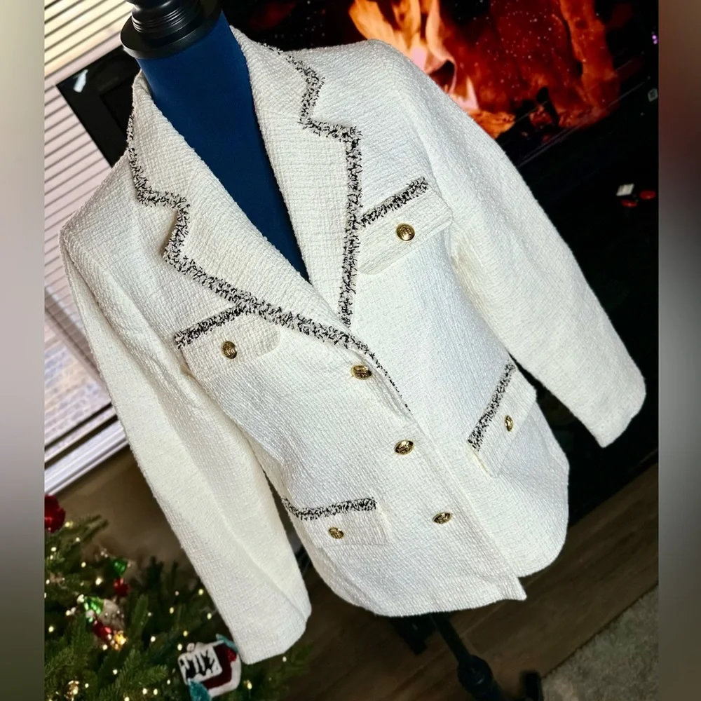 EUC Talbots Cream Tweed Blazer w/ Fringe Trim